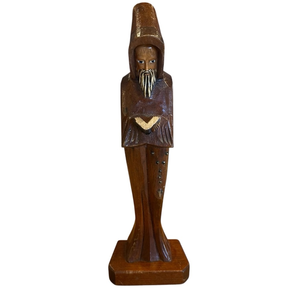 Vintage Hand Carved Wood Statue Hooded Monk Priest Friar Pray Mexico 12” Reading